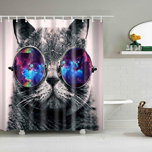 HSCC Galaxy Hipster Cat Wear Solar System Space Sunglasses Bathroom Shower Curtain Decor Art Prints Waterproof Polyester (Hipster Cat)