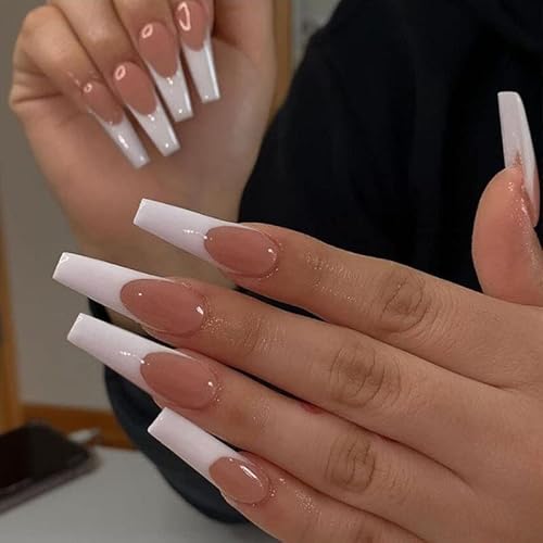 Vatocu Cercueil Brillant Faux Ongles French Nude Faux Ongles Long Blanc Appuyez sur les Ongles Rose Acrylique Bâton sur les Ongles pour Femmes et Filles (24pcs) Cover
