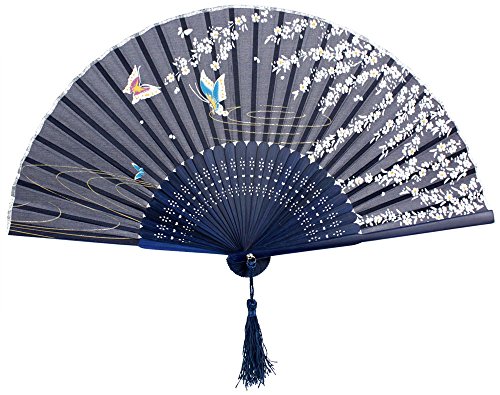 niceeshop(TM) Abanico de la Mano, Abanico Plegable de Bambú de Encaje del Patrón de Mariposa Azul y Flor Blanca