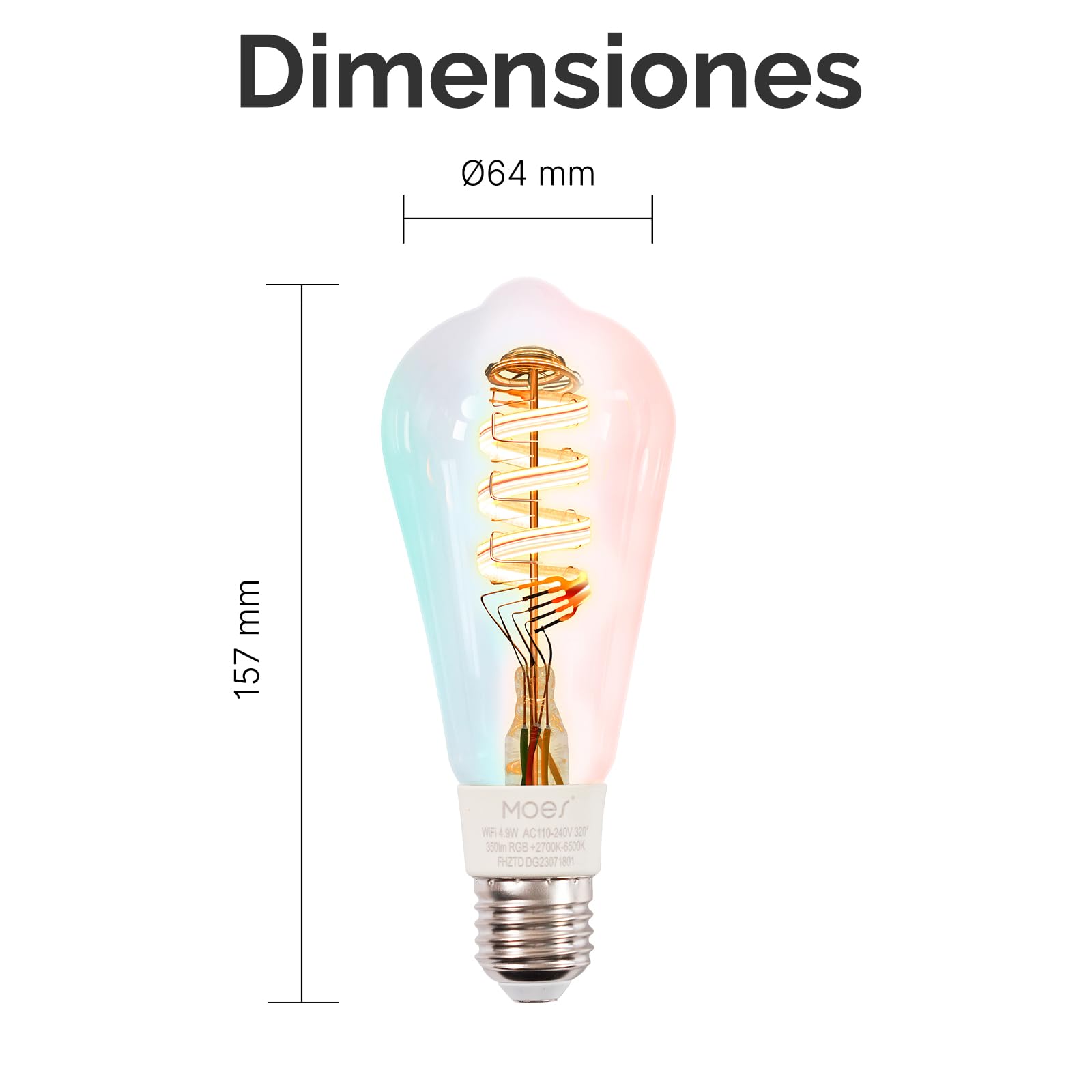 MOES ST64 Bombilla LED Inteligente E27 WiFi 2, 2 Unidades | 4 GHz, 5W RGB+CCT, Control por Voz, Alexa, Google Home, 2700K-6500K, Larga Duración 15, 000 horas