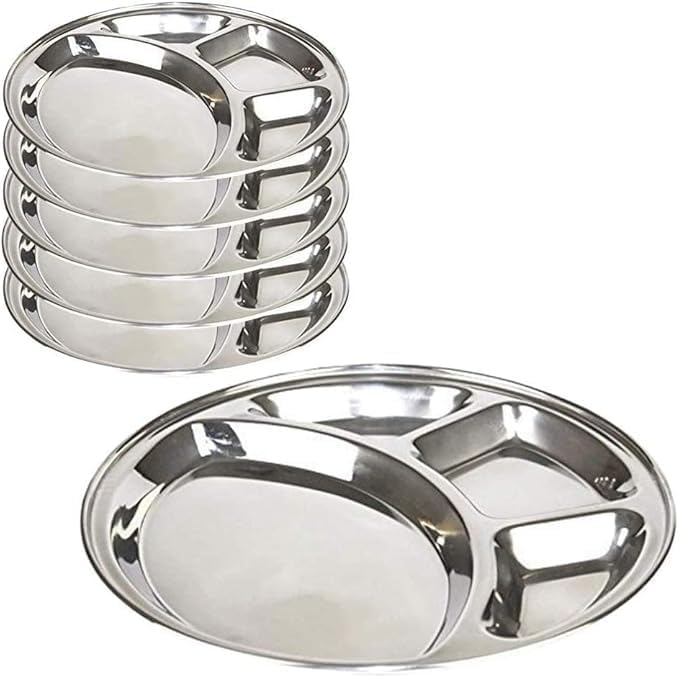 Lot de 6 assiettes à déjeuner rondes indiennes en acier inoxydable 4 en 1 pour la maison, restaurant, pique-nique, camping