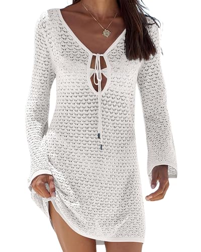 Damen Strandkleid mit Aushöhlung vorn zum Binden am Strand, Häkel-Minikleid, Sommer, langärmelig, Badeanzug, Strandmode, Sarongs, Weiß A, 36