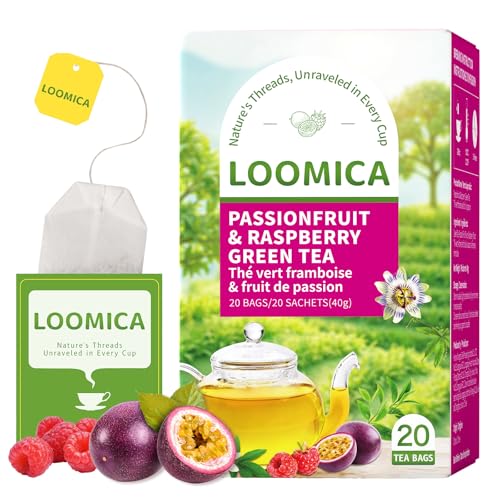 Image of LOOMICA Passionfruit Raspberry Green Tea, Tropical Fruity Blend of Passion Fruit & Raspberry and Green Tea, Refreshing & Tropical, Hot or Iced, Antioxidant-Rich, No Artificial Sugar, 20 Counts