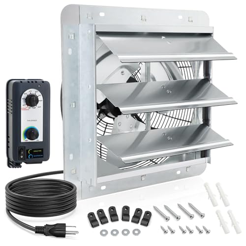 12 inch Shutter Exhaust Fan with Speed & Thermostat Control, 1400 SQ. Ft Coverage Area, 960 CFM, Upgrade Wall Mount Attic Vent Fan for Greenhouse, Garage, Chicken Coops Ventilation Fans