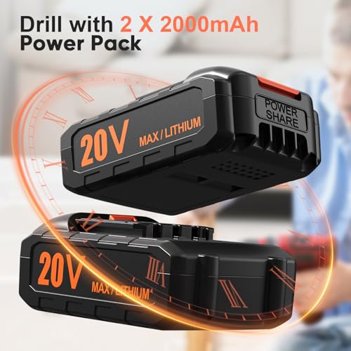 Image of Cordless Drill Bit Set, 20V Power Drill Bit Set with 2 Batteries and Charger, 3 /8 inch Drill Chuck, 25 +1 Torque Adjustment, 2 Speed, Torque
