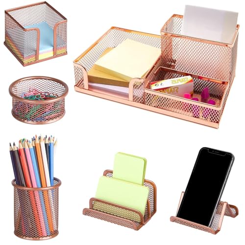 HurLuksi Pen Holder for Desk, 6 Pieces Mesh Desk Organiser Set, Rese Gold Desk Tidy with 3 Compartments pens holder, Mail Organizer Letter Holder, Home Office Supplies and Accessories (Rose Gold)