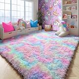 PAGISOFE Fluffy Soft Area Rugs for Girls Bedroom, Plush Shaggy Colorful Rugs for Kids Playroom Kawaii Princess Fuzzy Nursery Rug for Baby's Toddler's Room Cute Room Decor for Teenage 5x8 Ft Rainbow