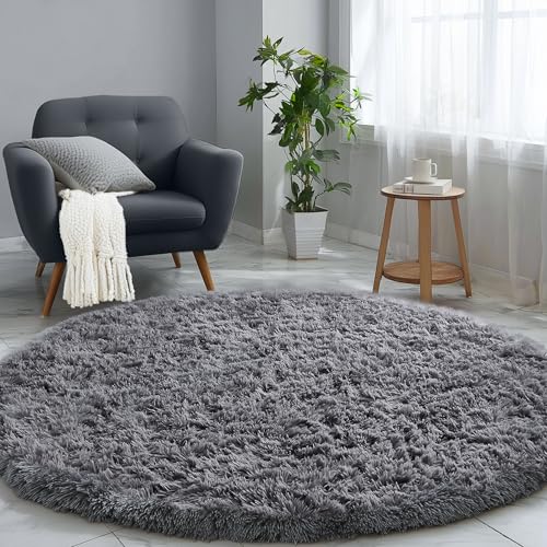 Image of PAGISOFE Round Rugs 5Ft, Grey Circle Rugs for Living Room Kids Bedroom, Fluffy Carpets for Bedroom Boys, Indoor Shaggy Rugs Small Teepee Furry Mat, Comfy Reading Rug for Girls Boys Baby Room