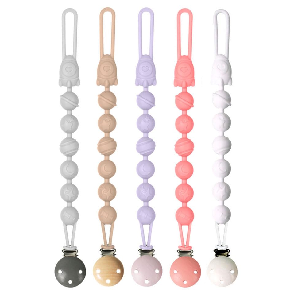 Silicone Pacifier Clips Baby, 5 Pack Soft Flexible Binky Pacifier Clip Holder with One Piece Beads Design for Boys and Girls, Birthday Gift Fits All Soother and Toys (Grey)