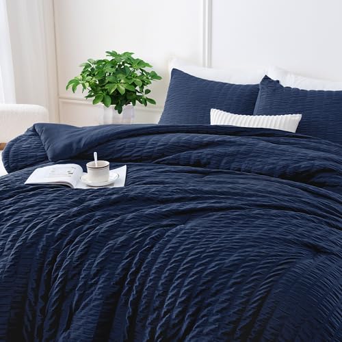 Image of Andency Navy Blue Full Size Comforter Set with Seersucker, 3 Pieces Soft Bedding Set for Boys Girls, All Seasons Breathable Bed Comforter with 2 Pillowcases, 79x90 inches