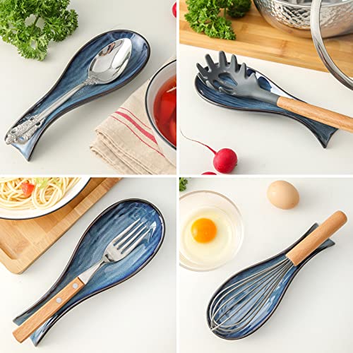 Image of Hasense Ceramic Spoon Rest for Stove Top, Spatula Holders for Ladles and Tongs, Porcelain Spoon Holder Set of 2 for Kitchen Counter Cooking Utensil Home Decor, Housewarming Gift, Navy