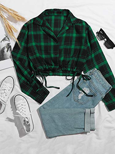 Verdusa Women's Ruched Drawstring Hem Plaid Print Button Down Crop Top Blouse Black And Green M #TOP4