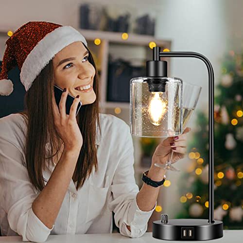Set Of 2 Industrial Table Lamps With 2 Usb Port, Fully Stepless Dimmable Lamps For Bedrooms, Bedside Nightstand Desk Lamps With Seeded Glass Shade For Reading Living Room Office 2 Led Bulb Included #TOP6
