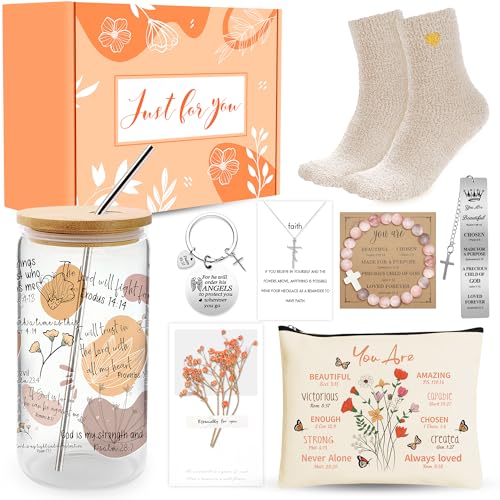 Christian Gifts for Women, Catholic Faith Spiritual Gift with 16 Oz Glass Cup Makeup Bag Socks Bracelet Necklace Bookmark Keychain, Inspirational Gift for Wife, Mom, Sister, Female (Christian Boho)