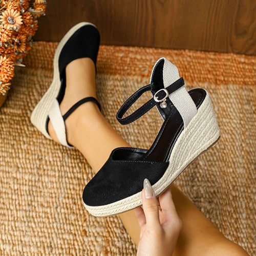 Womens Espadrilles Sandals, Closed Toe Platform for Women Adjustable Ankle Strap Casual Comfortable Wedge Sandals2