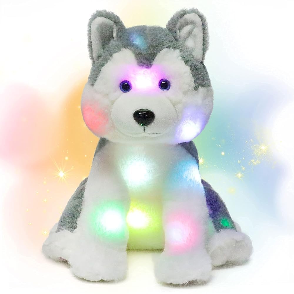 Hopearl LED Plush Husky Light up Stuffed Animal Dog Floppy Puppy Night Lights Glow in The Dark Birthday Festival for Kids Toddler Girls, Gray, 12''
