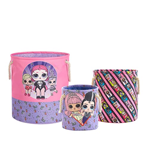 Image of Idea Nuova LOL Surprise 3 Piece Multi Size Fabric Nestable Toy Storage Basket Set, with Rope Carry Handles