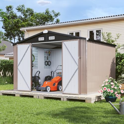 Aoxun 9.5x7.5 FT Shed with 4 Pegboards and 50 Hooks Outdoor Waterproof Storage Shed Steel Utility Garden Tool Shed with Door & Lock Outdoor Storage for Garden Patio Lawn Poolside