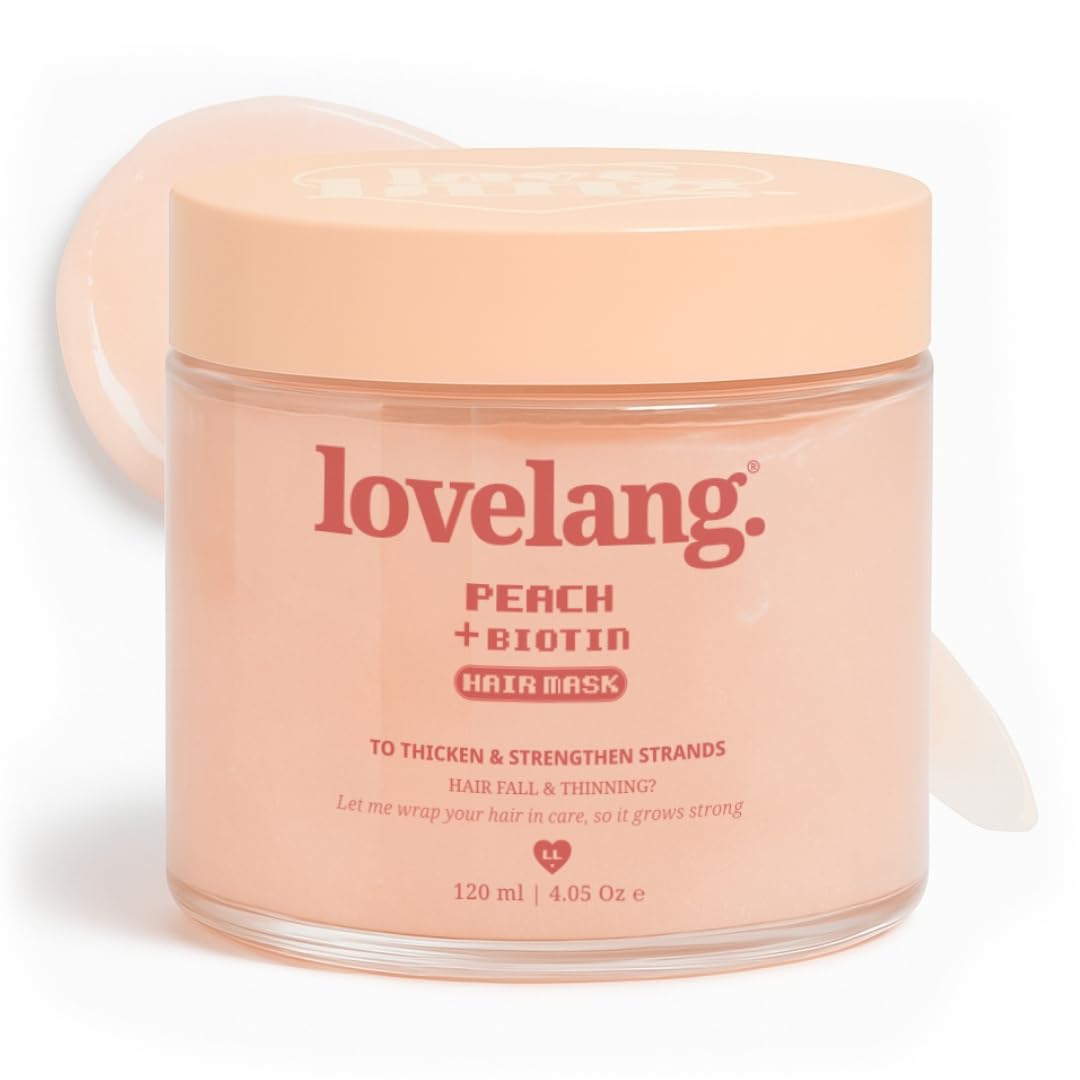 lovelang Peach + Biotin Hair Mask | Deep Nourishment for Hair Fall & Thinning | Thickens, Fortifies & Softens | 120ml | Peach Scented | For All Hair Types lovelang Peach + Biotin Hair Mask | Deep Nourishment for Hair Fall & Thinning | Thickens, Fortifies & Softens | 120ml | Peach Scented | For All Hair Types