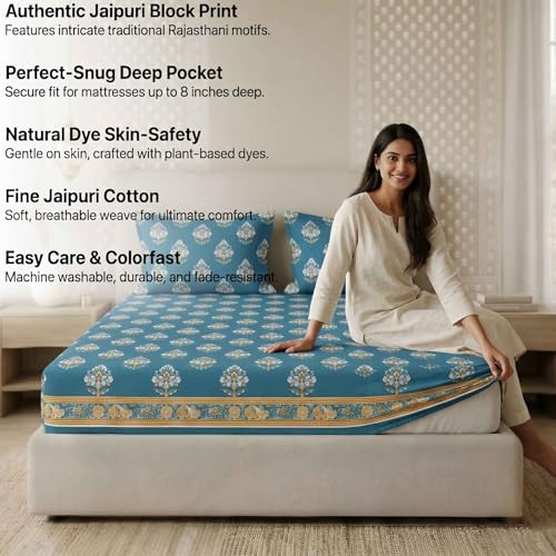 Image of VAS COLLECTIONS 180 TC Cotton Fitted Bedsheet Double Bed (72x78+8 Inches) with 2 Pillow Covers - Soft Breathable Skin Friendly Jaipuri Printed Elastic Fitted Bed Sheet, Sea Blue