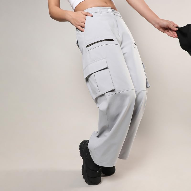 Image of PINACOLADA Women's Moon Grey Straight Fit Cargo Trousers for Casual Wear | 6 Pockets | Regular Fit | Button Closure | Cargo Pants Crafted with Comfort Fit for Everyday Wear