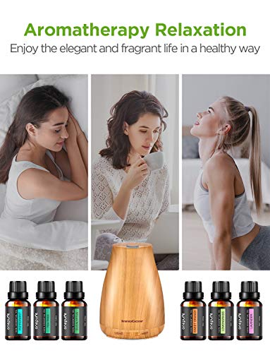 Innogear Essential Oil Diffuser With Oils, 150Ml Aromatherapy Diffuser With 6 Essential Oils Set, Aroma Cool Mist Humidifier Gift Set, Yellow Wood Grain #TOP3