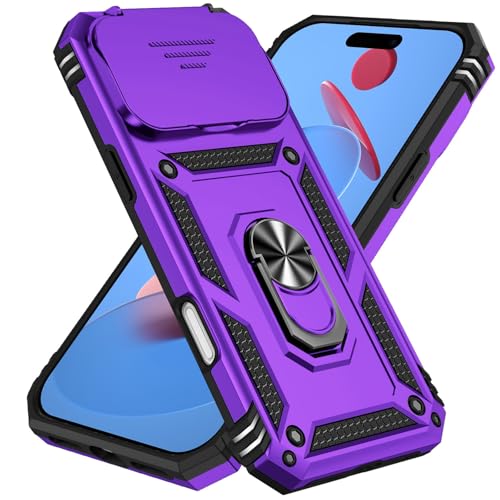 IPhone 17 Pro Max / 17 Pro/Air / 17 用 ケース, ミリタリーグレード耐衝撃 マグネット対応 360°回転リングスタンド付き スライド式カメラレンズ保護 スリムTPU+PCバンパー(Purple,17)
