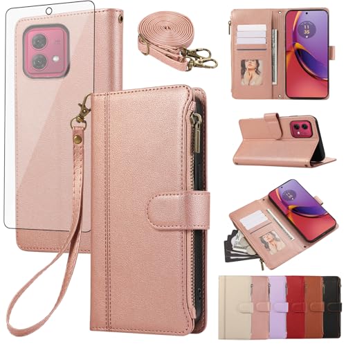 Étui protection Motorola Moto G84 5G pour vos sorties avec portefeuille rose doré en cuir