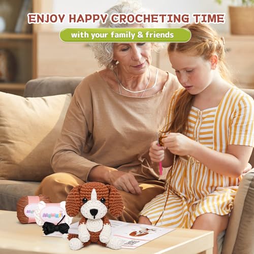 Image of Mewaii Crochet Kit for Beginners Level 2 with 40% Extra Eco-Friendly Pre-Started Easy Yarn, Step-by-Step Video Tutorials for Adults and Kids (Sitting Puppy)