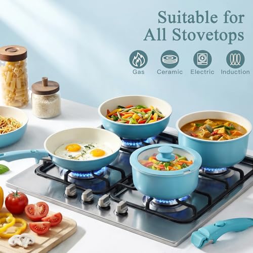 Image of GIPP 11pcs Pots and Pans Set Non Stick, Nonstick Cookware Set Detachable Handle, Ceramic Pots for Cooking Non Stick with Removable Handle, RV Cookware Set for All Stoves, Light Blue Gradient