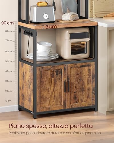 VASAGLE Scaffale Cucina con Prese, con Piano Alto 90 cm, Scaffale per Microonde con 8 Ganci, 40 x 60 x 170 cm, Marrone Vintage e Nero Inchiostro KKS058K02 - immagine 4