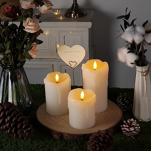 Image of Homemory Dripping Wax Flameless LED Pillar Candles, Battery Operated with Remote Control and Timer, Set of 3, 5 inch H x 4 inch W x 6 inch D