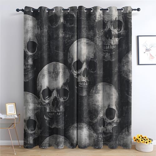 Black Skull Blackout Curtains, Gothic Curtains for Bedroom Living Room, 90 Inch Drop Drapes, Eyelet Thermal Curtains, Window Treatments, 2 Panels