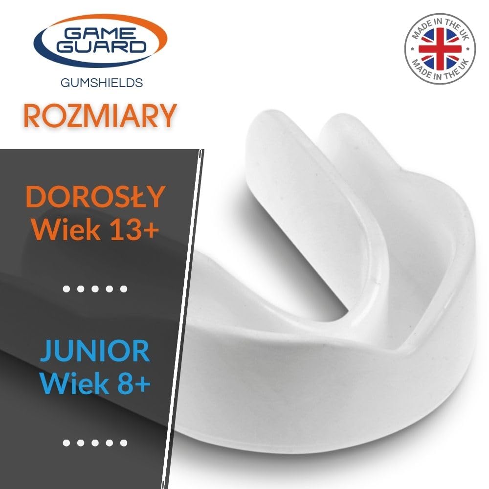 GAME GUARD 1 x Ochraniacz na zęby - Formowalne ochraniacze na zęby/ochraniacze na dziąsła - Zatwierdzone przez CE, Sporty szkolne, Rugby, Hokej, Boks, GAA, Sztuki walki (SENIOR - BIAŁY)