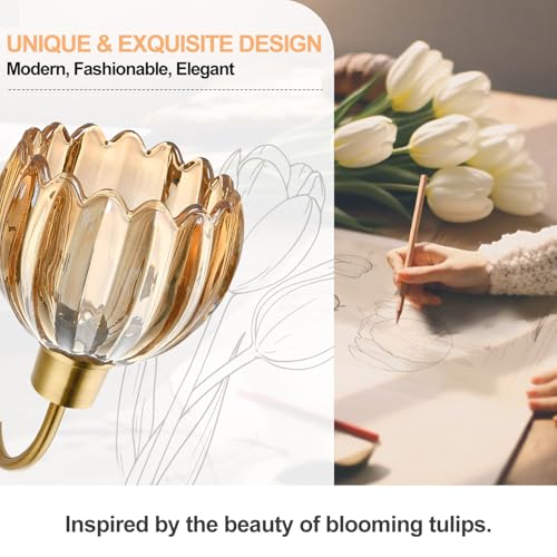 Image of 2-Pack Brushed Gold Bathroom Vanity Light, Single-Head Wall Sconce with Ribbed Amber Tulip Glass Shade, Vintage Bathroom Light Fixtures for Bedroom, Hallway & Bedside (Bulbs Not Included)