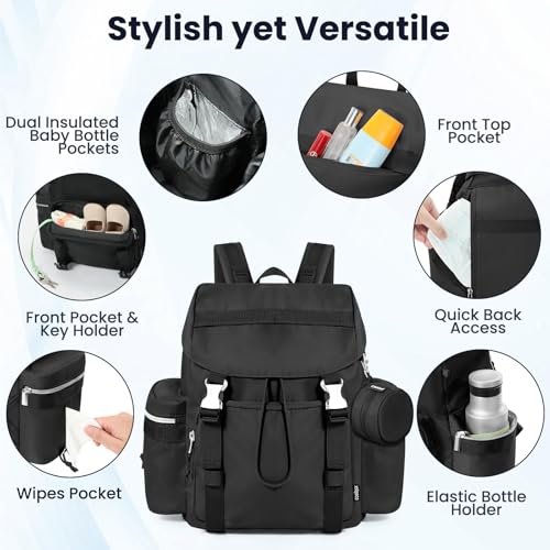 Image of Diaper Bag Backpack with Changing Pad, Pacifier Case & Stroller Straps (Black 14L)