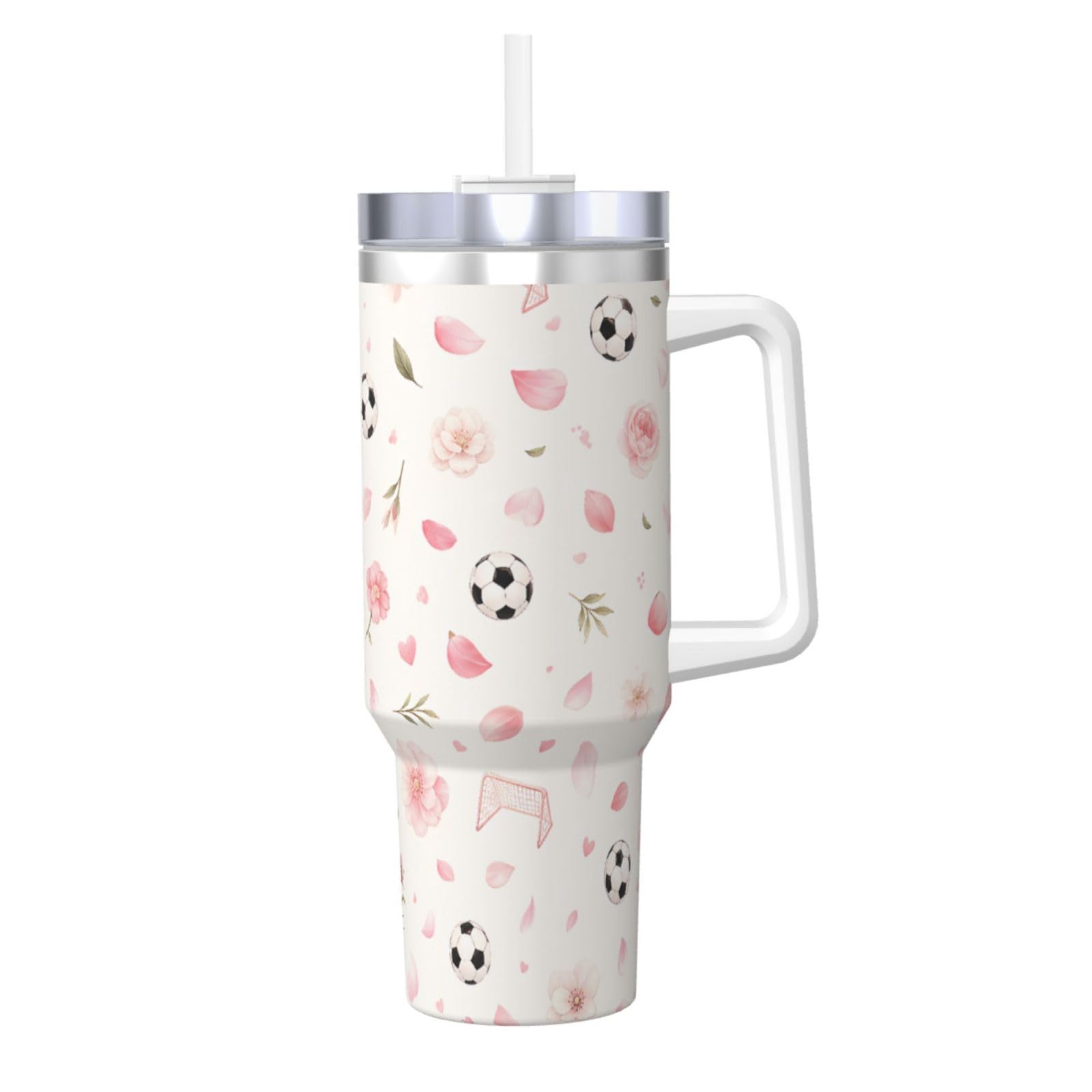 Vaso térmico rosa de fútbol de 40 oz con pajita, ideal para hidratarte en el coche o el trabajo
