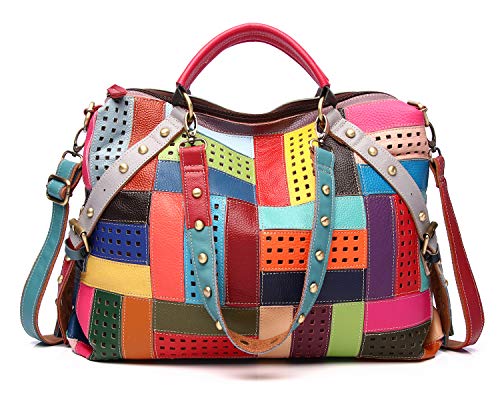 Women's Multicolor Tote Handbag Genuine Leather Design Hobo Shoulder Bag Purses (Multicoloured-B)