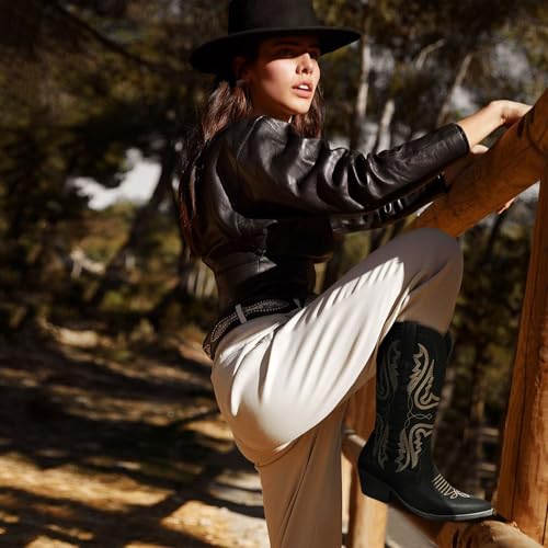 Image of SelRoys Cowboy Boots for Women Cowgirl Mid Calf Western Boots Embroidered Stitched Pointed Toe Chunky Block Heel Brown Red Black US5-11