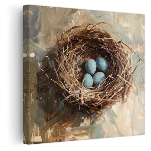 PBXBJY Bird Nest Canvas Wall Art Bird Egg Poster Easter Picture Prints Abstract Animal Painting Square Artwork Rustic Farmhouse Kitchen Bathroom Wall Decor (12.00" x 12.00")