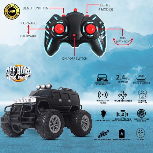 Image of popsugar Off Roader Rechargeable Remote Control Car | RC Car Monster Truck | 4 Headlight Modes | Lithium Battery | C-Type Charging | 2.4GHz Remote Controller | Made in India, Black