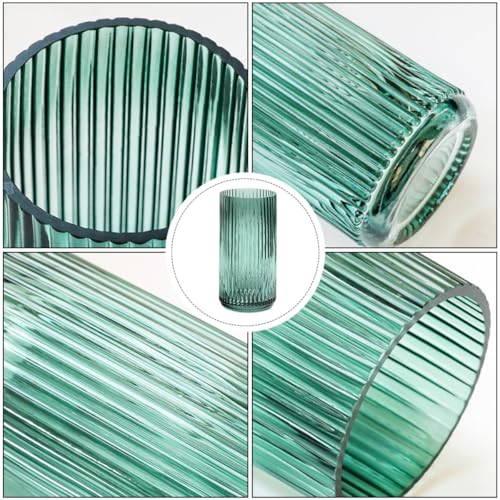 Jarrón de vidrio verde oscuro SECFOU con vetas verticales para decoración de oficina 4