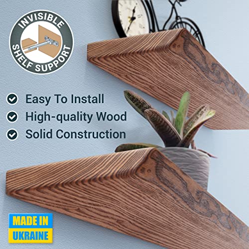 Wood Floating Shelves, 100% Ash Wood, Set Of 2-Rustic Shelf 24" Wide Wooden Wall Shelves, Made In Europe, For Living Room Bedroom Kitchen Bathroom Farmhouse, Teak Color, 24" X 6.5" Live Edge #TOP3