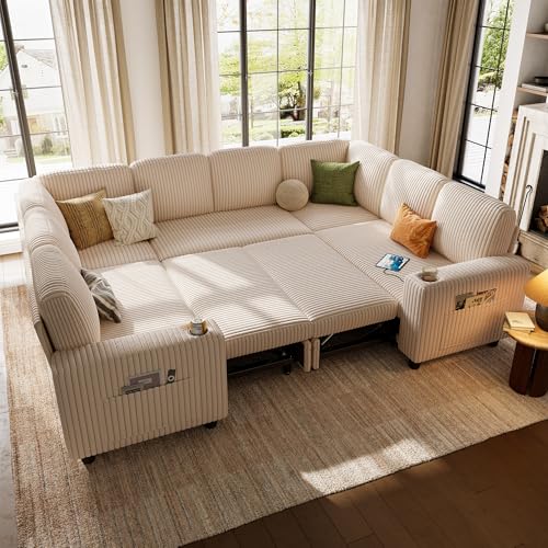 Image of LINSY HOME Sectional Sleeper Sofa with Pull Out Couch Bed - Convertible Plush Corduroy Cloud Couch with Storage Chaise & USB Charging, Comfy Modular Couches for Living Room, Beige