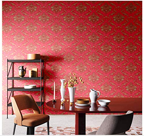Blooming Wall Peel And Stick Vintage Pink Red Gold Damasks Wallpaper Wall Decor Vinyl Self Adhesive Contact Paper Decorative (14.5 Square Ft/Roll) #TOP2