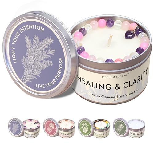 Manifest Candles Lavender & Sage Healing Candle with Crystals Bracelet,