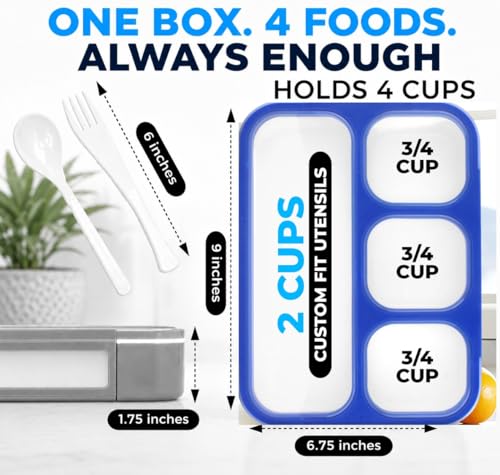 Image of kinsho Bento Box for Kids Lunch-Boxes for Adults | Portion Snack Containers for Boys Toddlers Pre-School Daycare Work Lunches BPA Free | 4 Compartments, Gray Blue, 2 pack