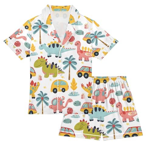 ALAZA Cute Dinosaur Car Palm Tree Pajamas Satin Pajama Set Short Sleeve Button Down Sleepwear