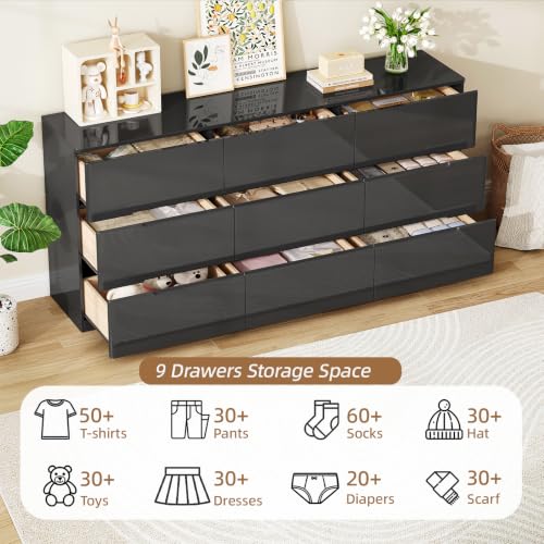 Image of Black Dresser for Bedroom, 60.2 inch Wide 9 Drawer Dresser, Modern High Gloss Dresser Chest of Drawers, Wooden Dressers Organizer for Bedroom, Closet