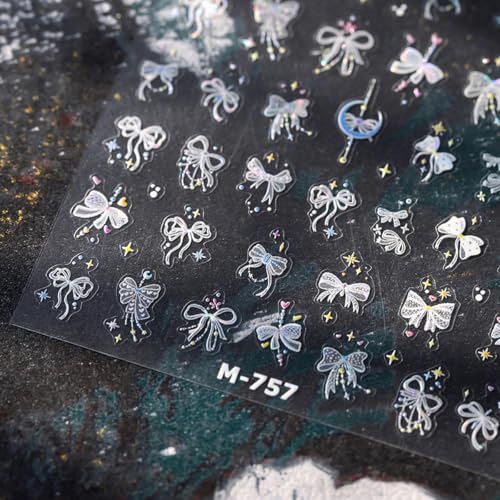 Image of Bow Nail Sticker Decals Star Nail Art Stickers White Silk Bow Knot Nail Art Decals with Design 5D Embossed Self Adhesive Nails Charms for Women Girls Manicure DIY Decoration Supply